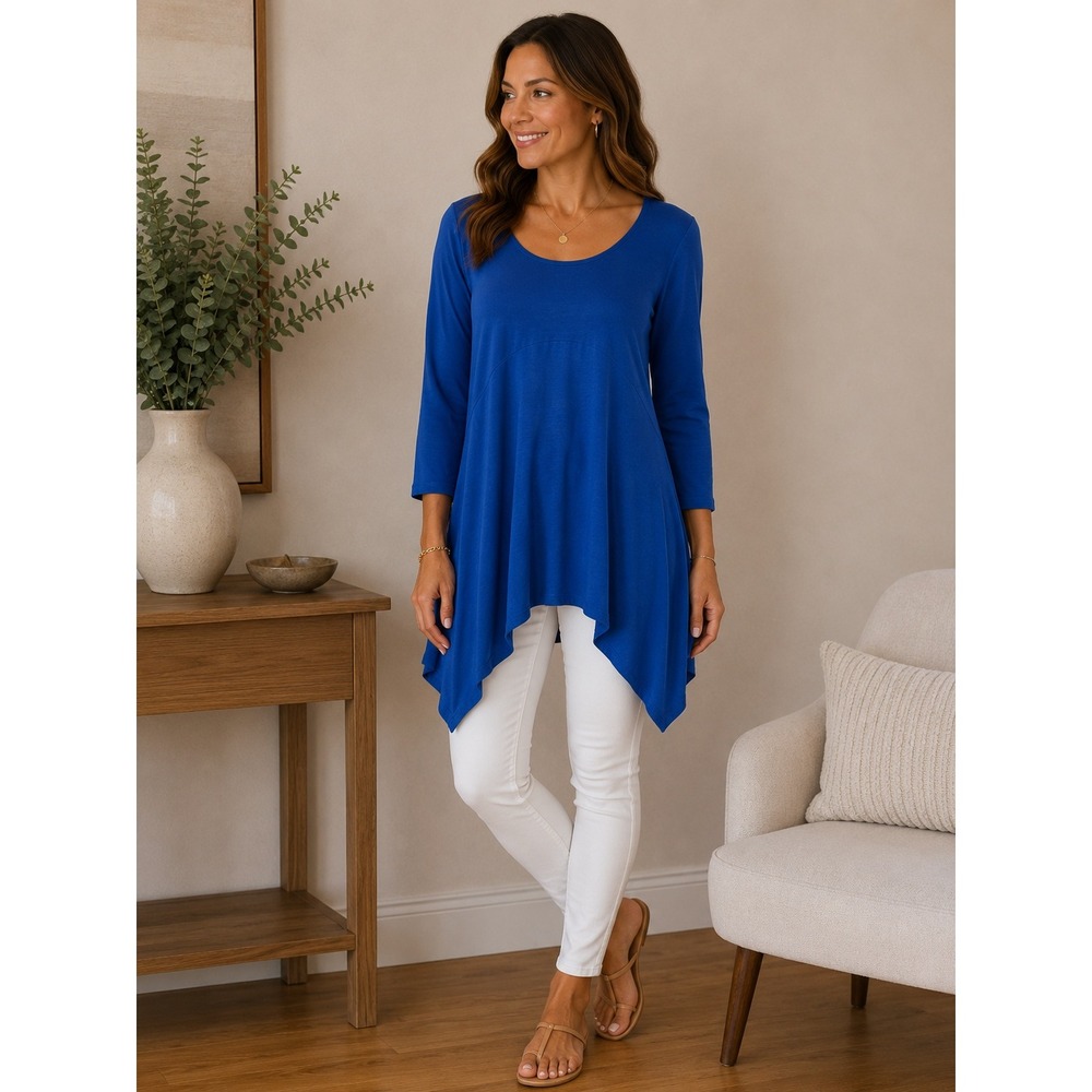 New Directions Blue Rayon Sharkbite Tunic Top 3/4 Sleeve Womens Large USA‎ Made
